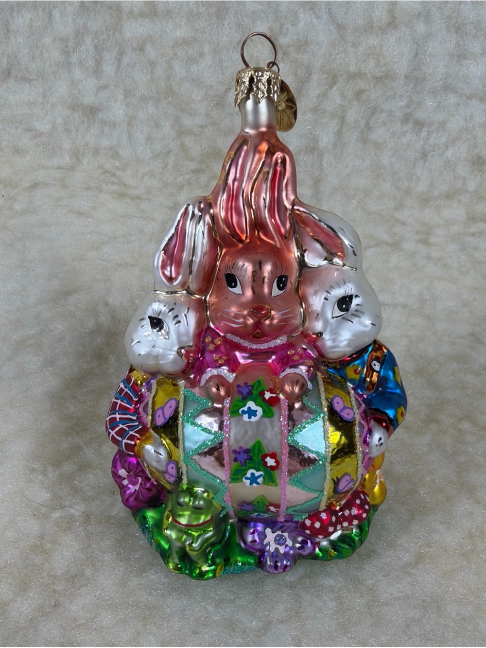 Vintage Christopher Radko Triple Treasure Easter Bunnies Glass Ornament
